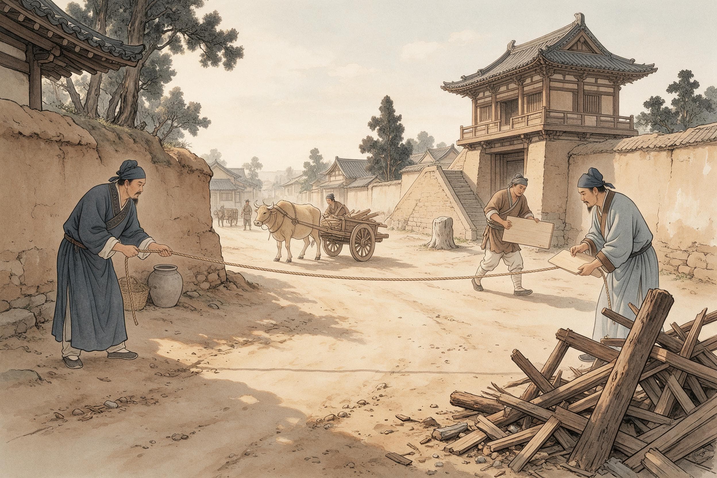 Eine Straße wird vermessen: drei Bodenpreise, Quartiertore und vier Regeln auf einem Schild in Luoyang — Artikelillustration