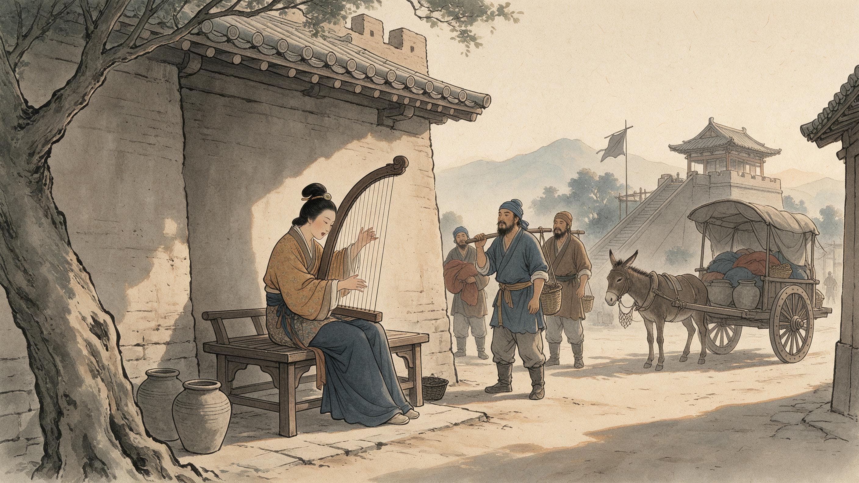 Als sie spielte, wurde die Straße zum Markt: Musik und Musikantinnen in Luoyang — Artikelillustration